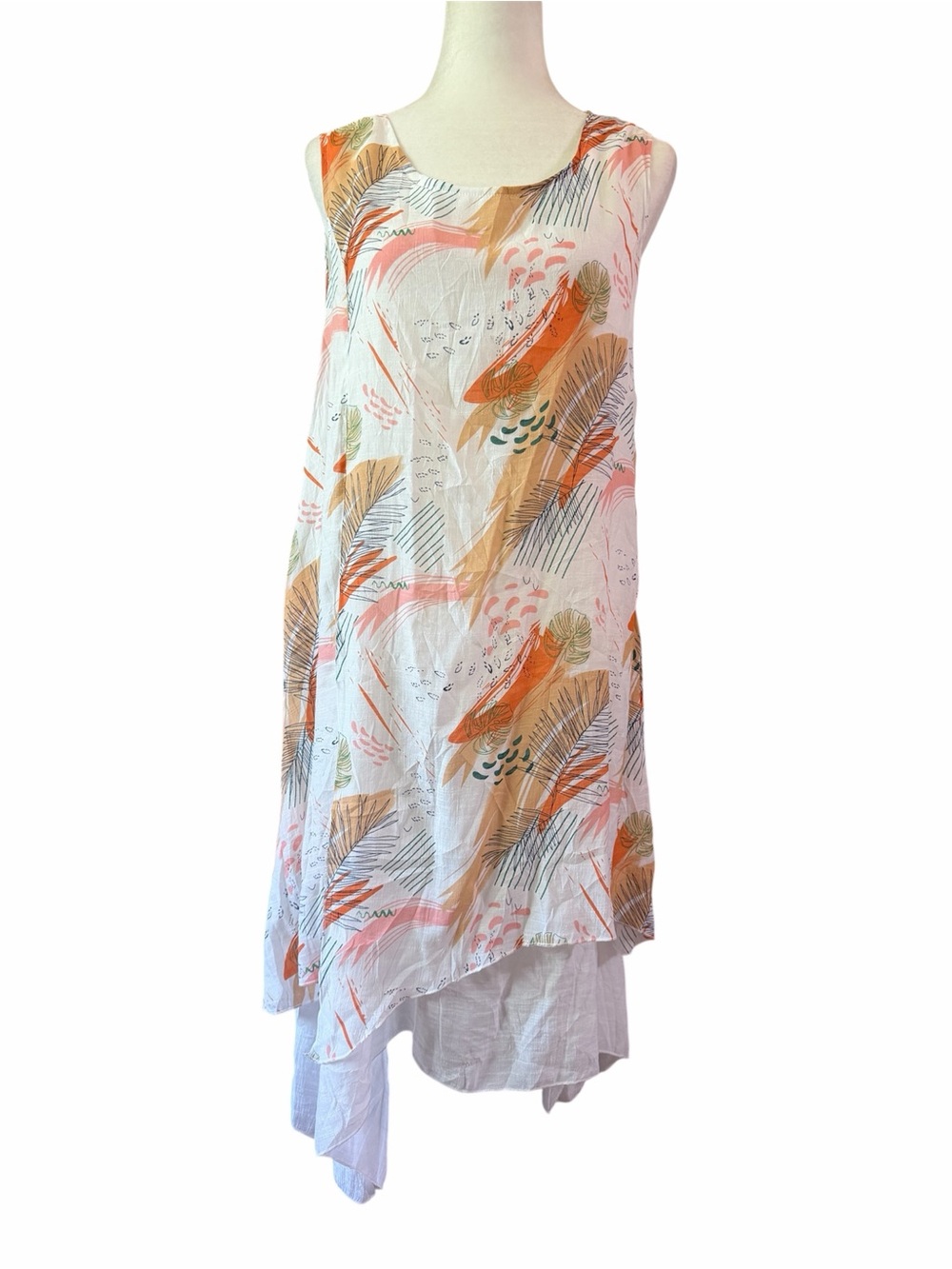 Anna Bella Asymmetrical Tunic Dress - White & Coral Tropical Leaf Print US L